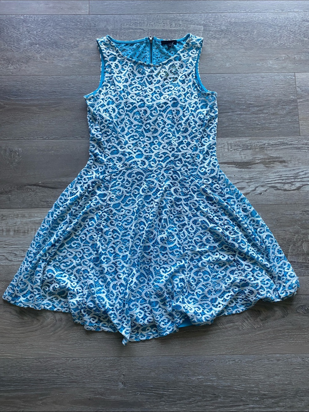 Bepop Lace-Overlay Fit & Flare Dress Blue White Sz Medium